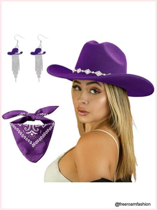 Accessories - Wide Brim Cowboy Hat with Rhinestones, Bandana, Tassel Earrings